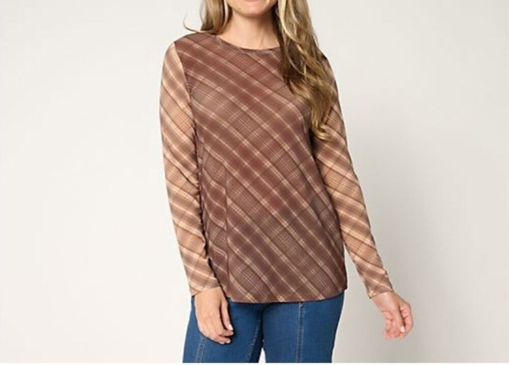 Logo Lori Goldstein Long Sleeve Printed Mesh Top 1X Neutral Combo A708143 NWOT